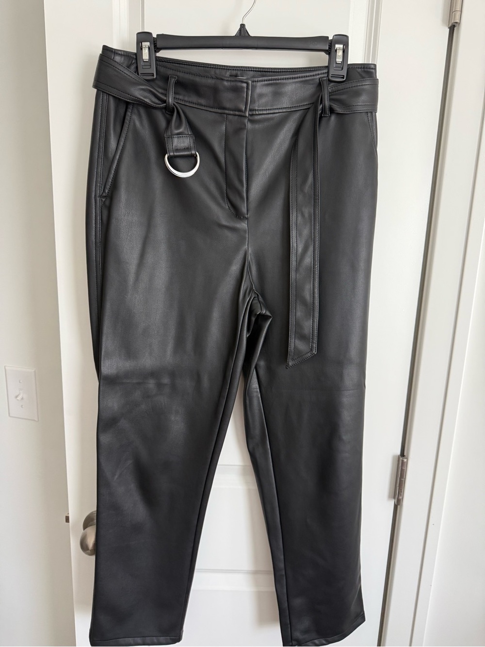 LOFT Black Faux Leather Tapered Pants with Self-Tie Belt